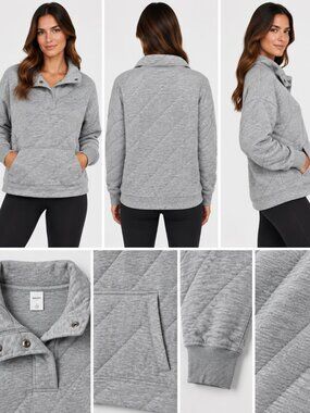 90 Degree by Reflex Gray Quilted Snap Collar Pullover Sweatshirt L